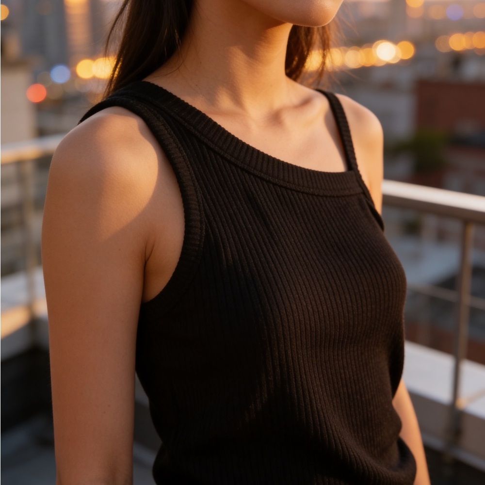 Elan Black Ribbed Asymmetric Strap Tank